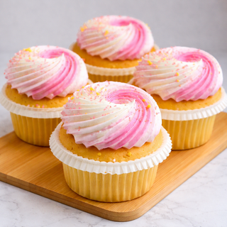 Five Strawberry Lemonade Cupcakes with swirled pink and white strawberry buttercream frosting and colorful sprinkles are arranged on a wooden board, set against a light marble background.