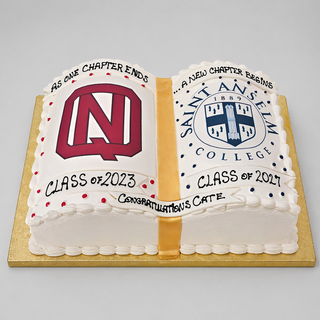 The Logo Pages cake is shaped like an open book with the Northeastern University logo and “Class of 2023” on one page, the Saint Anselm College logo and “Class of 2027” on the other, plus “Congratulations Cate” on the binding.