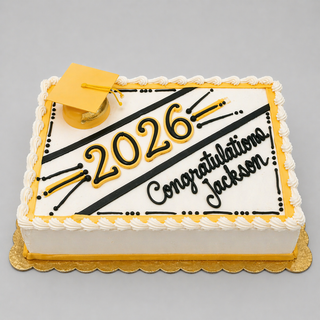 Year Celebration cake: rectangular graduation cake decorated with yellow, white, and black icing, topped with a yellow graduation cap and “2026 Congratulations Jackson”.