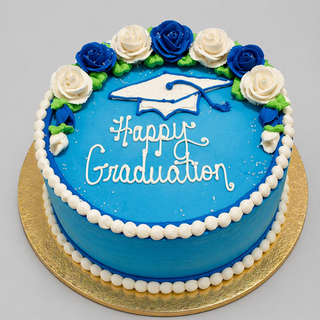 The Vibrant Grad cake features blue icing, white and blue roses, a white graduation cap decoration, and “Happy Graduation” written in white icing on top. The cake is presented on a gold board.