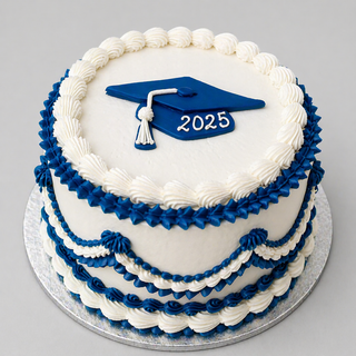 The Grad Ruffles cake is a round white cake with blue and white icing, blue garlands on the sides, and a blue graduation cap marked 2025 on top. It’s displayed on a silver cake board.
