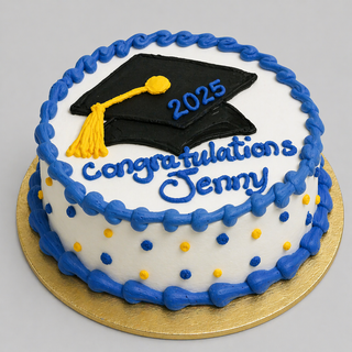 The Graduate Celebrate cake features blue and yellow decorations, a black graduation cap with "2025," and "Congratulations Jenny" written in blue icing.