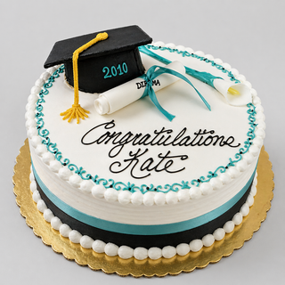 The Graduate Flower cake features white icing, blue accents, a black ribbon, a fondant cap labeled 2010, two diploma decorations, and “Congratulations Kate,” making it the perfect personalized graduation treat.