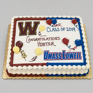 Celebrate your special occasion with the Half Logos cake—a rectangular graduation cake with balloons, "Congratulations Hunter, Class of 2019," large W and UMass Lowell logos on white icing. Perfect for a personalized celebration!.