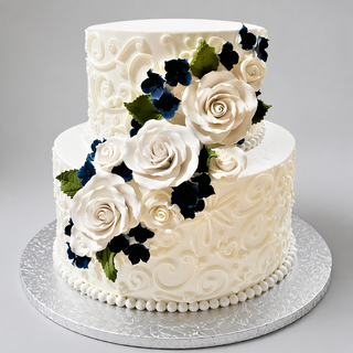 Charming Tier: a two-tiered white bridal cake with intricate swirls, large white sugar roses, dark blue flowers, and green leaves, displayed on a silver textured cake board.