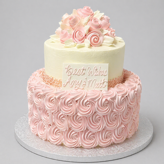 The Rosette Floral is a two-tier custom birthday cake with pink and white rosette decorations, fondant roses on top, and a "Best Wishes Amy & Nate" plaque, all set on a silver cake board. The lower tier features pink rosette frosting.