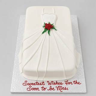 The White Dress cake is a rectangular bridal white dress design with red roses at the waist. "Sweetest Wishes for the Soon to be Mrs." is written in red icing—perfect for any engagement celebration.