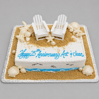The Beach Lounge is a rectangular cake featuring brown sugar “sand,” seashells, two white Adirondack chairs, and blue waves. The top reads “Happy 25th Anniversary Art & Jean” in blue script for a nautical celebration.