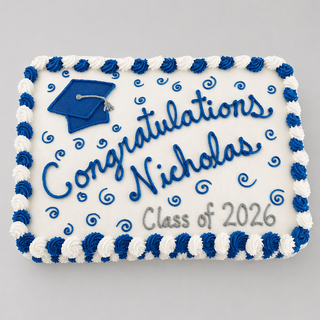 Cap Beaded custom rectangular graduation cake with blue and white icing, a blue graduation cap, “Congratulations Nicholas and Class of 2026” on top, and blue and white swirls decorating the text.