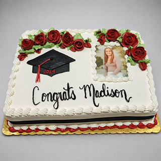 The Photo Floral cake is a rectangular custom cake with a young woman’s photo, red roses, and a black graduation cap marked 2024. “Congrats Madison” is written in black icing—an ideal choice to celebrate her graduation.