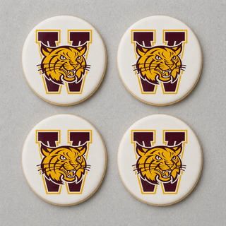 Four School Logo Cookies featuring a large maroon W and a yellow and maroon wildcat mascot, arranged in a grid on a light gray background.