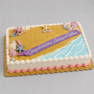 Ocean Waves: A rectangular cake featuring edible sand, seashells, and starfish. Blue and white icing mimics ocean waves, and a purple banner on top says “Congratulations Lindsey & Matthew.” Perfect for a nautical celebration.