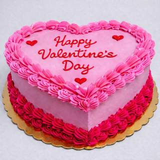 The Valentines Heart cake features pink icing, red heart decorations, pink frosting borders, and "Happy Valentines Day" written on top. It is displayed on a gold board.